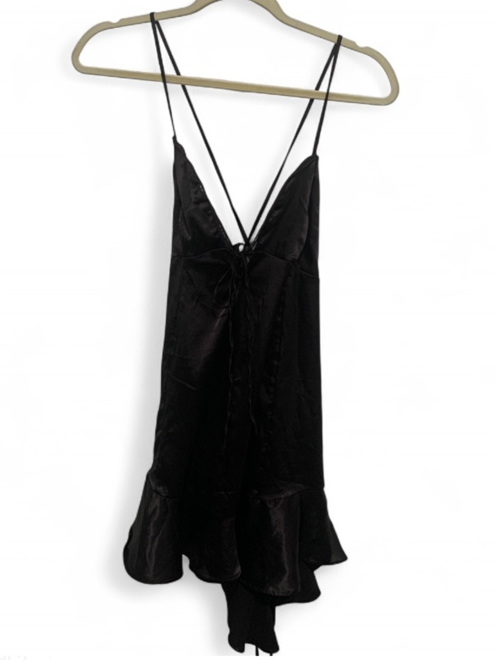 Out from Under Urban Outfitters Black Lace Trim Ruffle Hem Satin Mini Slip Dress